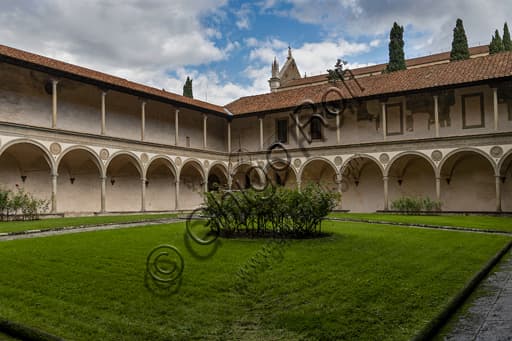 Architectural view of the second Renaissance cloister at the Basilica of Santa Croce in Florence, Italy
