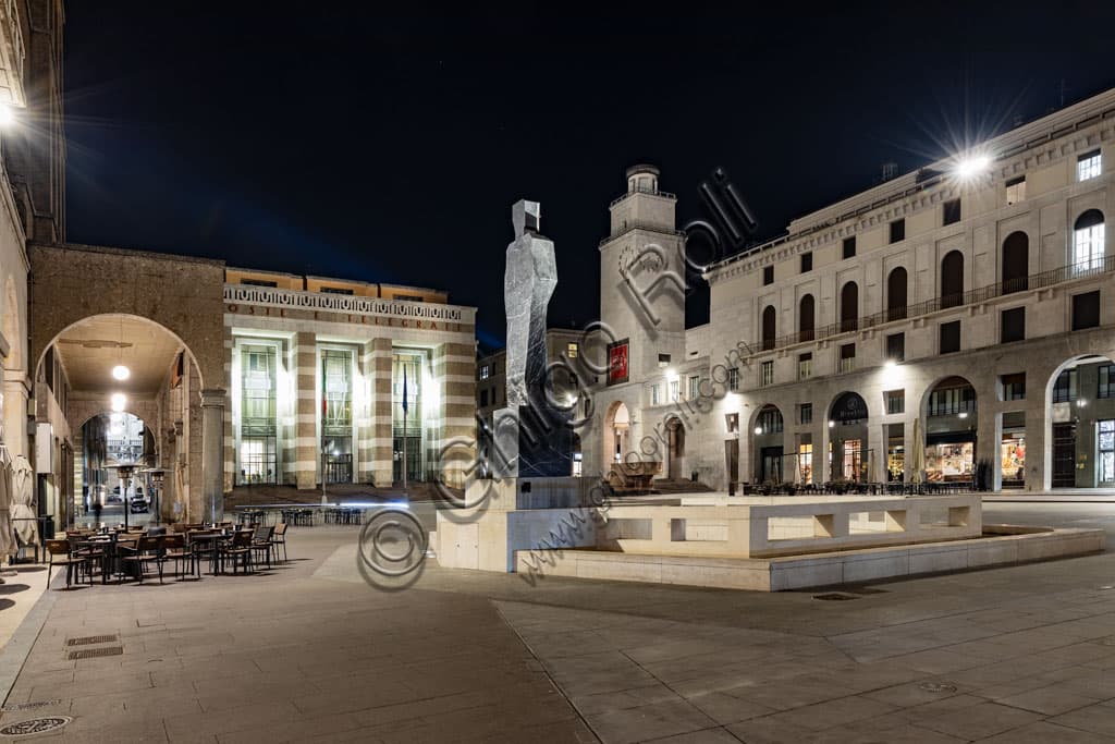 Night view of Piazza della Vittoria in Brescia, designed by architect Marcello Piacentini