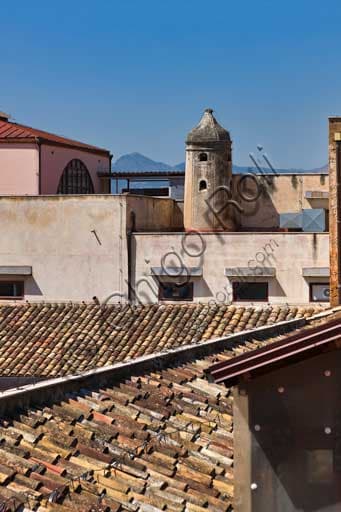 Aerial view of the roofs of the Palace of the Normans, Royal Palace of Palermo, with its characteristic red roofs and Norman architectural structure.