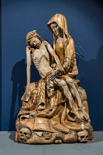 Vesperbild Lamentation sculpture in walnut wood, Virgin Mary on Golgotha, late Gothic German art 14th century