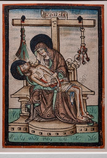Vesperbild or Lamentation, German watercolor woodcut from around 1450 depicting Mary with Christ and symbols of the Passion