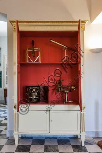 Showcase with antique astronomical instruments at the Giuseppe Piazzi Observatory, Pisana Tower, Royal Palace in Palermo
