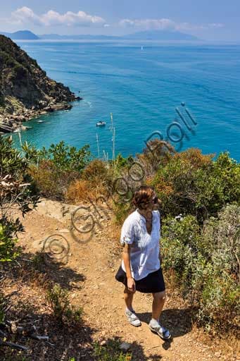 Scenic view of the Cavalleggeri Road hiking trail along the coastline of the Piombino Promontory, Tuscany