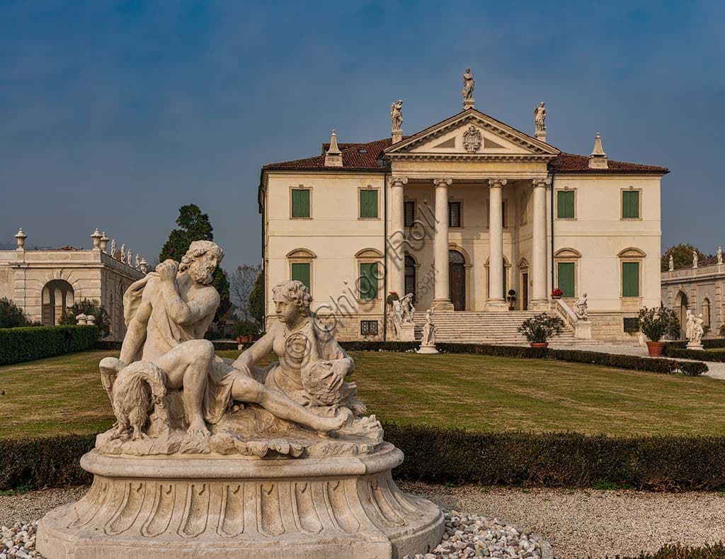 Exterior view of Villa Cordellina showing its façade and gardens, with 18th-century sculptures attributed to Giambattista Tiepolo.
