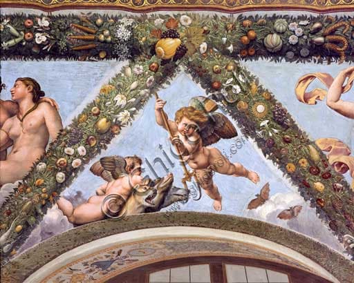 Detail fresco pendentive with cupids and cerberus, Loggia of Cupid and Psyche, Villa Farnesina Rome