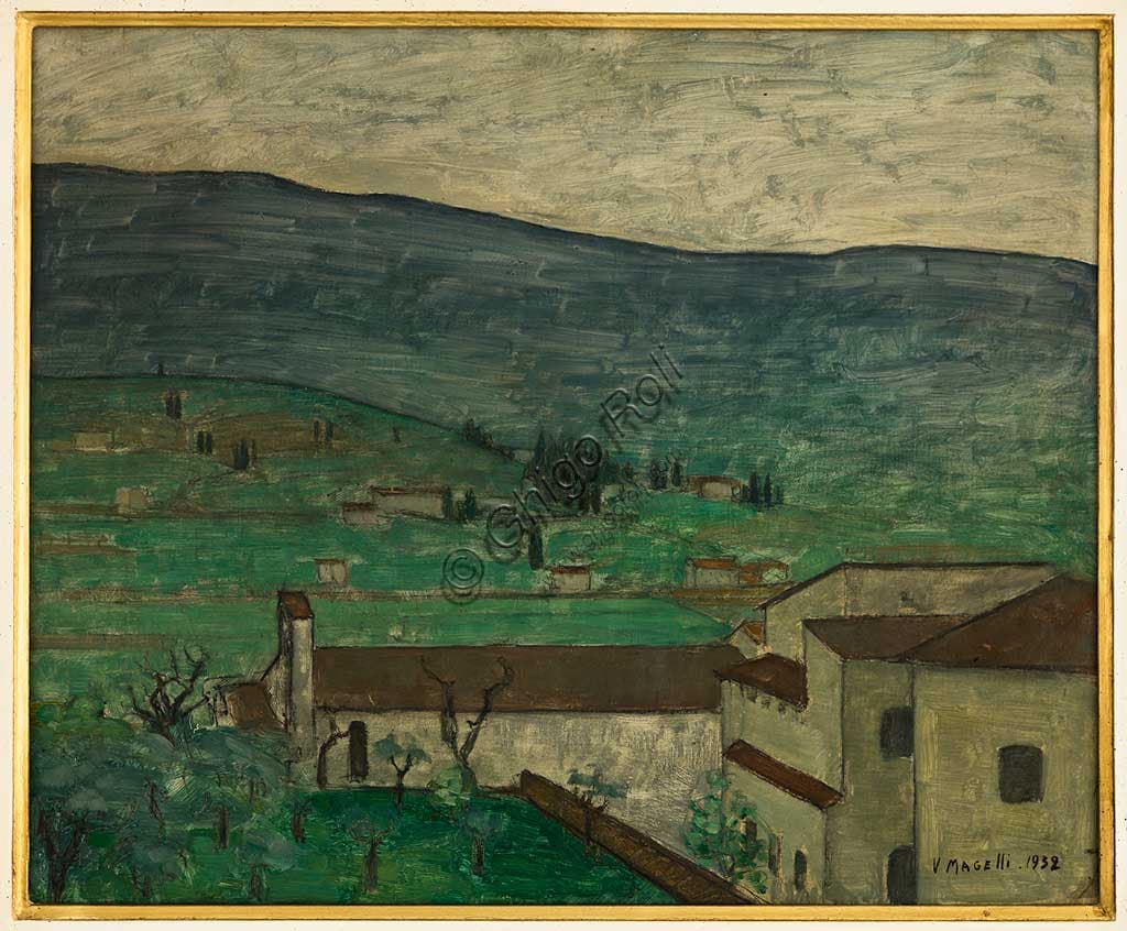 Landscape in the Arezzo area oil on canvas painting by Vittorio Magelli 1932, 45x56 cm