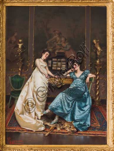 Oil painting The Pearl Necklace by Vittorio Reggianini, Italian figure artwork
