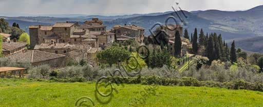 Veduta del borgo di Volpaia a Radda in Chianti con la campagna toscana