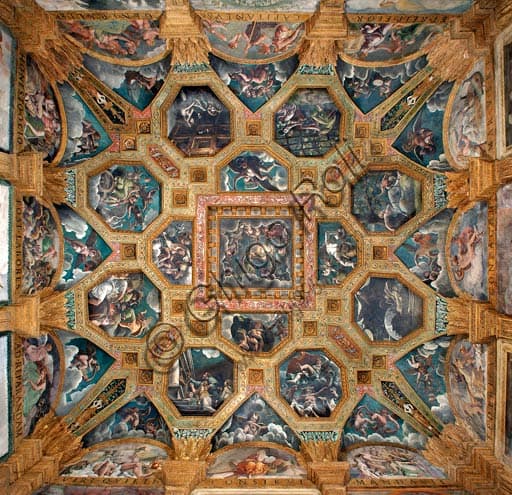 View of the frescoed vault in the Chamber of Cupid and Psyche at Palazzo Te in Mantua, work by Giulio Romano