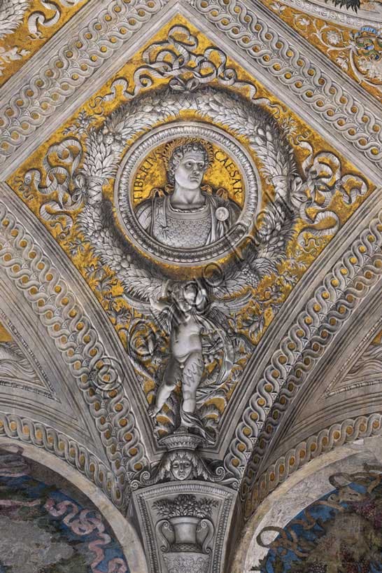 Detail of the vault in the Camera Picta, Mantua: golden lozenge with portrait of Tiberius
