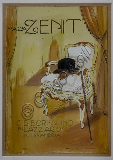 Zenit advertising illustration sketch by Marcello Dudovich for Borsalino hats, pencil and watercolor on paper