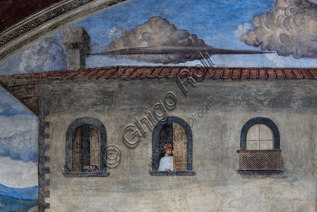 “Miracolo del Sacramento”, affresco di Cosimo Rosselli (1484- 1488): particolare di alcune finestre con gatto che punta a un uccello e di uomo che si affaccia.Firenze, Chiesa di S. Ambrogio, cappella del Miracolo del Sacramento.