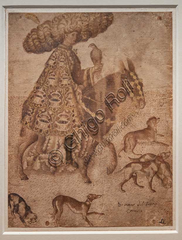 “Knight of Este as a falconer”, by Antonio di Puccio, known as Pisanello, pen and brown, red and blue watercolours on a black pencil outline, 1440.The drawing presents an extravagantly dressed knight. The very wide brimmed headdress in thick fur is very peculiar. 