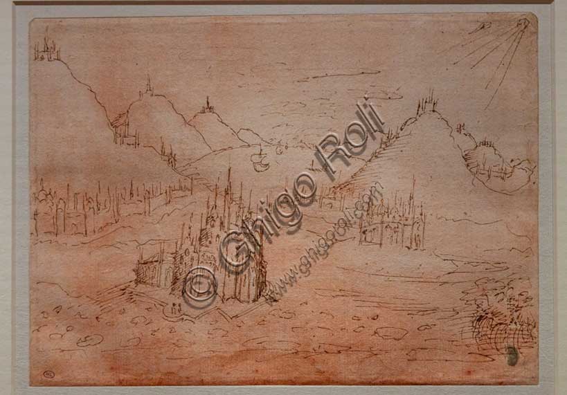 “Gothic churches and cities on a mountainous landscape”, by Antonio di Puccio, known as Pisanello, pen and brown ink on a prepared red paper, 1430 - 50. Two mountains chains, separated by a stretch of water, form this imaginary landscape, dottedwith churches and other gothic buildings.