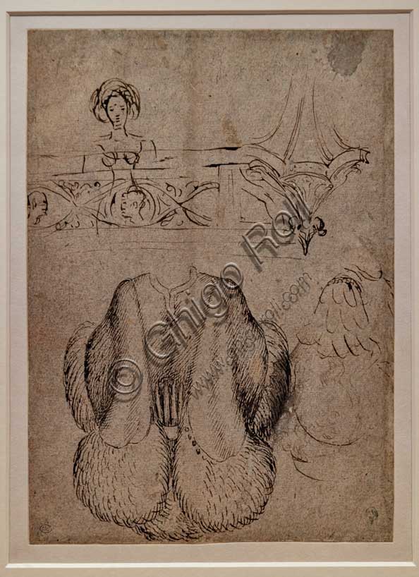 “Woman looking out from an openwork parapet, foliate base and two studies of men’s clothes”, by Antonio di Puccio, known as Pisanello, Pen and brown ink, grey ink watercolours on paper, before 1433.