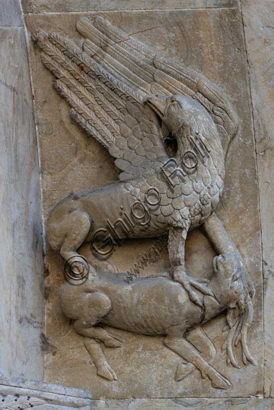 Fidenza, Duomo (Cattedrale di S. Donnino), facciata, protiro del portale destro: “Grifone che artiglia un cervo”. Bassorilievo di Benedetto Antelami e bottega.