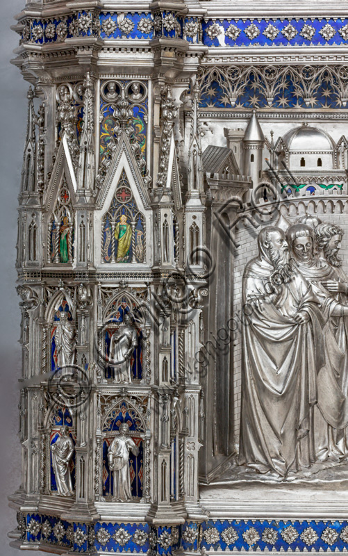 Florence, Museum of the Opera del Duomo (Museum of Florence Cathedral of Santa Maria del Fiore): “the silver altar of St. John's Treasure” (1367 - 1483), by florentine masters.Lower detail of the corner pillar between the front of the dossal and the left side, with figures of saints and / or prophets.