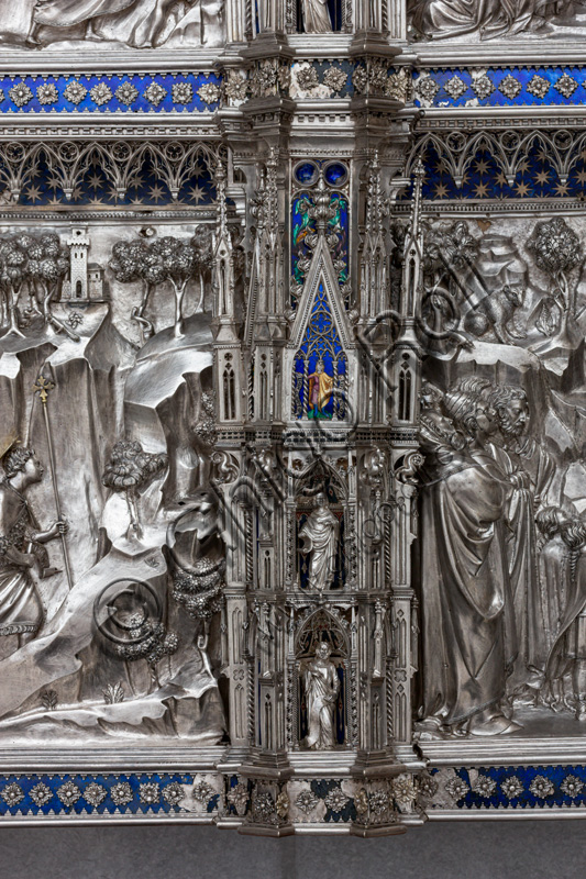 Florence, Museum of the Opera del Duomo (Museum of Florence Cathedral of Santa Maria del Fiore): “the silver altar of St. John's Treasure” (1367 - 1483), by florentine masters.Front of the dossal: lower detail of the second pillar from the left, with figures of saints and / or prophets.