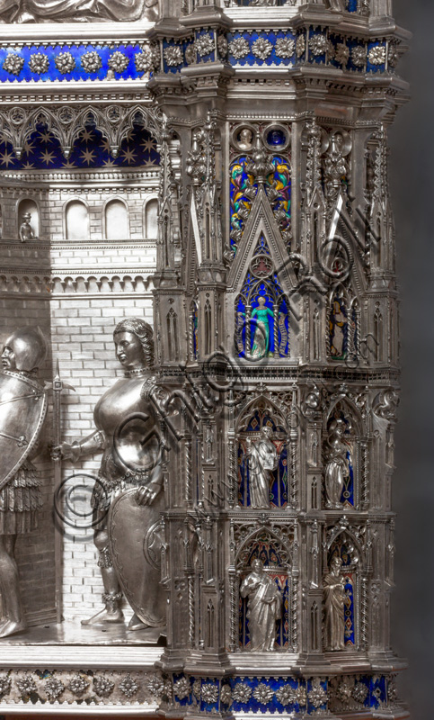 Florence, Museum of the Opera del Duomo (Museum of Florence Cathedral of Santa Maria del Fiore): “the silver altar of St. John's Treasure” (1367 - 1483), by florentine masters.Front of the dossal: lower detail of the sixth pillar from the left, with figures of saints and / or prophets.