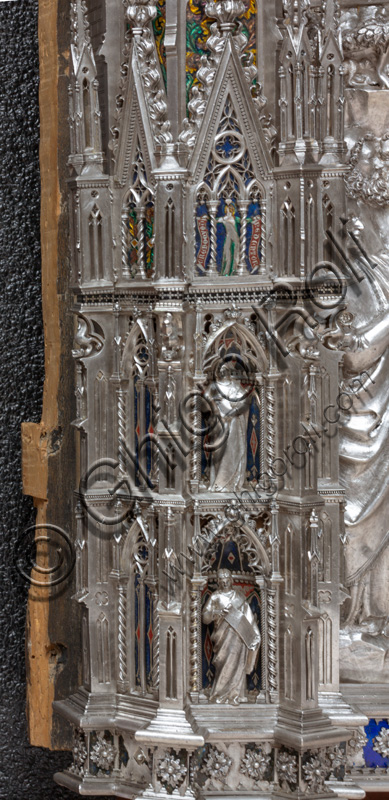 Florence, Museum of the Opera del Duomo (Museum of Florence Cathedral of Santa Maria del Fiore): “the silver altar of St. John's Treasure” (1367 - 1483), by florentine masters.Front of the dossal: lower detail of the pillar to the right of the central niche with figures of saints and / or prophets.