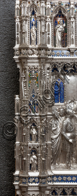 Florence, Museum of the Opera del Duomo (Museum of Florence Cathedral of Santa Maria del Fiore): “the silver altar of St. John's Treasure” (1367 - 1483), by florentine masters.Front of the dossal: upper detail of the pillar to the right of the central niche with figures of saints and / or prophets.