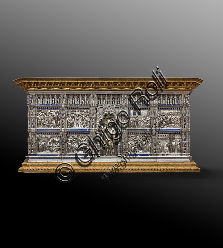 Florence, Museum of the Opera del Duomo (Museum of Florence Cathedral of Santa Maria del Fiore): “the silver altar of St. John's Treasure” (1367 - 1483), by Florentine masters.The front of the altar.A few hundred kilos of silver, in addition to gilding and highly refined enamels, were used to create the silver Altar and the Cross of the Treasure of St. John, one of the masterpieces of goldsmithing of all time. Created between 1367 and 1483 and destined for the Baptistery of San Giovanni in Florence, it is now kept in the Museum of the Opera of Santa Maria del Fiore. At the beginning of the fourteenth century, the rich Guild of Merchants commissioned some of the greatest artists of the period to do the work: fourteenth-century Florentine masters such as Leonardo di Ser Giovanni, Antonio di Salvi and Francesco di Giovanni