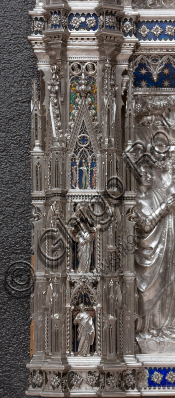 Florence, Museum of the Opera del Duomo (Museum of Florence Cathedral of Santa Maria del Fiore): “the silver altar of St. John's Treasure” (1367 - 1483), by florentine masters.Front of the dossal: lower detail of the pillar to the right of the central niche with figures of saints and / or prophets.