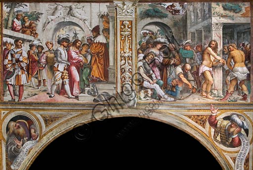 Cremona, Duomo (Cattedrale di S. Maria Assunta), interno, presbiterio, dodicesimo arcone: a sinistra "Gesù al cospetto di Ponzio Pilato"; a destra "Flagellazione", affreschi di Girolamo Romanino, 1519.