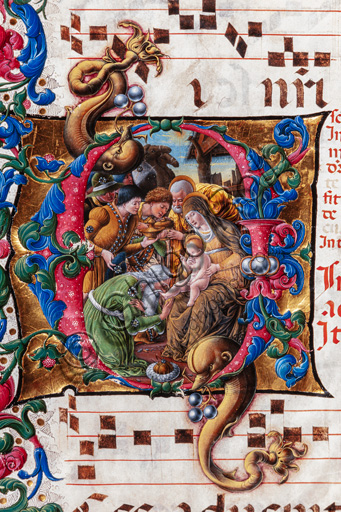 Piccolomini Library: choir book,  cod. 19.4, ff. 9v with “Adoration of the Magi”, by  Liberale da Verona  (about 1445  - 1527/9). Detail.