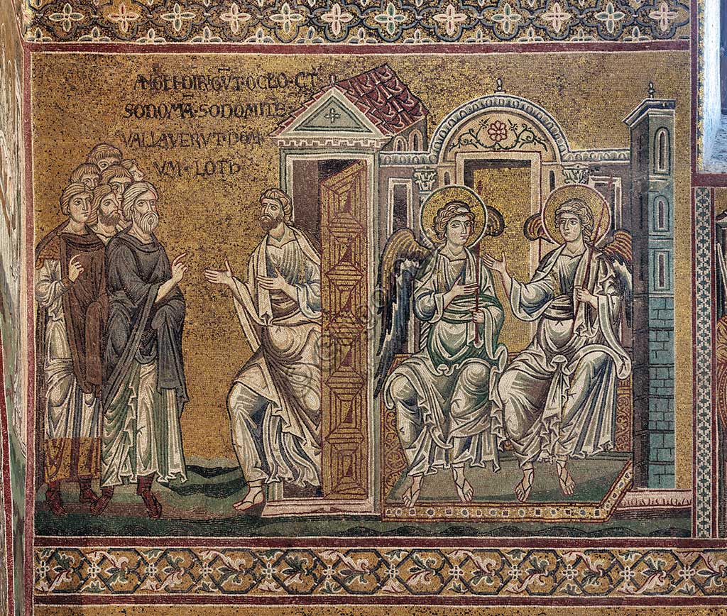  Monreale, Duomo: The punishment of Sodom (Lot and the two angels), Byzantine mosaic, XII - XIII century, on the counter-façade.Latin inscription: "ANGELIS DIRIGUNT OCULOS CONTRA SODOMEN SODOMITÆ VALLAVERUNT DOMUM LOTH".