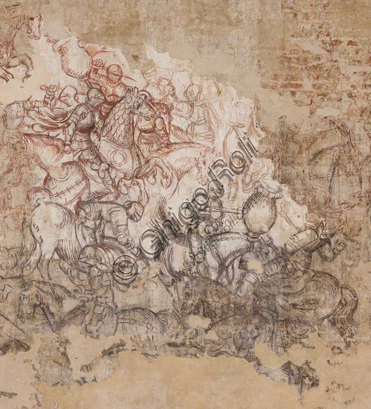 Ducal Palace, Hall of the Popes, south-east wall: “Tournament of Knights” or “Tournament-Battle of Louvezerp”, 1430-1433, by Antonio di Puccio, known as Pisanello. Sinopia relating to the wall painting of the Pisanello room, the subject is taken from “Le roman en prose de Tristan”, a masterpiece of chivalric literature.Detail.