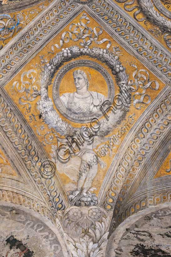 Ducal Palace: vault of the “Bridal Chamber or Camera Picta", which is a room located in the north-east tower of the Castle of San Giorgio in Mantua. It is famous for the cycle of frescoes that covers its walls, a masterpiece by Andrea Mantegna, created between 1465 and 1474.Detail of the vault: lozenge with a golden background that encloses a circular garland which in turn encloses the portrait of the Roman emperor “Nero”. The garland is supported by a putto.