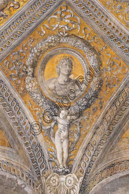 Palazzo Ducale: volta della  “Camera degli Sposi o Camera Picta”, che è una stanza collocata nel torrione nord-est del Castello di San Giorgio di Mantova. È celebre per il ciclo di affreschi che ricopre le sue pareti, capolavoro di Andrea Mantegna, realizzato tra il 1465 e il 1474. Particolare della volta: losanga con sfondo dorato che racchiude una ghirlanda circolare che a sua volta racchiude il ritratto dell’imperatore romano “Claudio”, La ghirlanda è sostenuta da un putto.