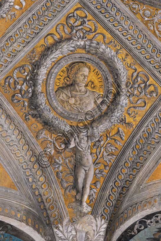 Palazzo Ducale: volta della  “Camera degli Sposi o Camera Picta”, che è una stanza collocata nel torrione nord-est del Castello di San Giorgio di Mantova. È celebre per il ciclo di affreschi che ricopre le sue pareti, capolavoro di Andrea Mantegna, realizzato tra il 1465 e il 1474. Particolare della volta: losanga con sfondo dorato che racchiude una ghirlanda circolare che a sua volta racchiude il ritratto dell’imperatore romano “Galba”, La ghirlanda è sostenuta da un putto.