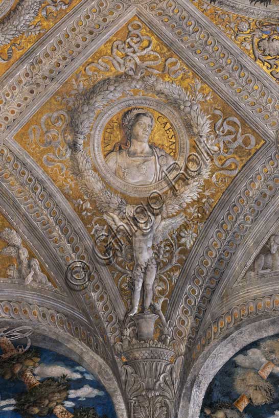 Palazzo Ducale: volta della  “Camera degli Sposi o Camera Picta”, che è una stanza collocata nel torrione nord-est del Castello di San Giorgio di Mantova. È celebre per il ciclo di affreschi che ricopre le sue pareti, capolavoro di Andrea Mantegna, realizzato tra il 1465 e il 1474. Particolare della volta: losanga con sfondo dorato che racchiude una ghirlanda circolare che a sua volta racchiude il ritratto dell’imperatore romano “Giulio Cesare”, La ghirlanda è sostenuta da un putto.