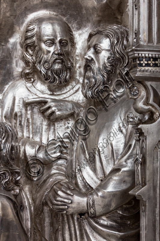 “St. John baptizes Christ in the waters of the Jordan”, by fourteenth-century Florentine goldsmiths.Tile of “The Silver Altar of St. John's Treasure” (1367 - 1483), Museum of the Opera del Duomo (Museum of Florence Cathedral of Santa Maria del Fiore), Florence.Detail.