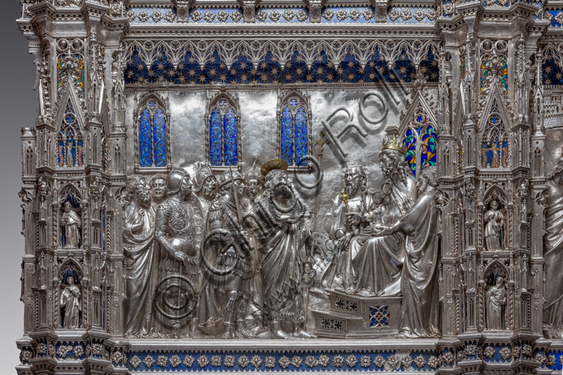 “Saint John preaches before Herod”, by Leonardo di Ser Giovanni. The Saint holds up the motto "Non licet tibi ... uxorem fratris tui ...."Tile of “The Silver Altar of St. John's Treasure” (1367 - 1483), Museum of the Opera del Duomo (Museum of Florence Cathedral of Santa Maria del Fiore), Florence.