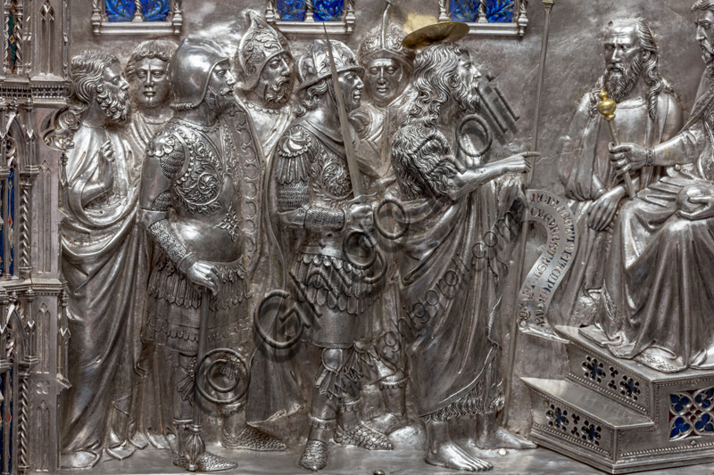 “Saint John preaches before Herod”, by Leonardo di Ser Giovanni. The Saint holds up the motto "Non licet tibi ... uxorem fratris tui ...."Tile of “The Silver Altar of St. John's Treasure” (1367 - 1483), Museum of the Opera del Duomo (Museum of Florence Cathedral of Santa Maria del Fiore), Florence.Detail.