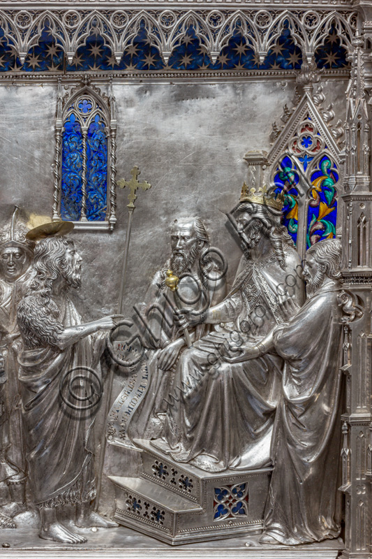 “Saint John preaches before Herod”, by Leonardo di Ser Giovanni. The Saint holds up the motto "Non licet tibi ... uxorem fratris tui ...."Tile of “The Silver Altar of St. John's Treasure” (1367 - 1483), Museum of the Opera del Duomo (Museum of Florence Cathedral of Santa Maria del Fiore), Florence.Detail.