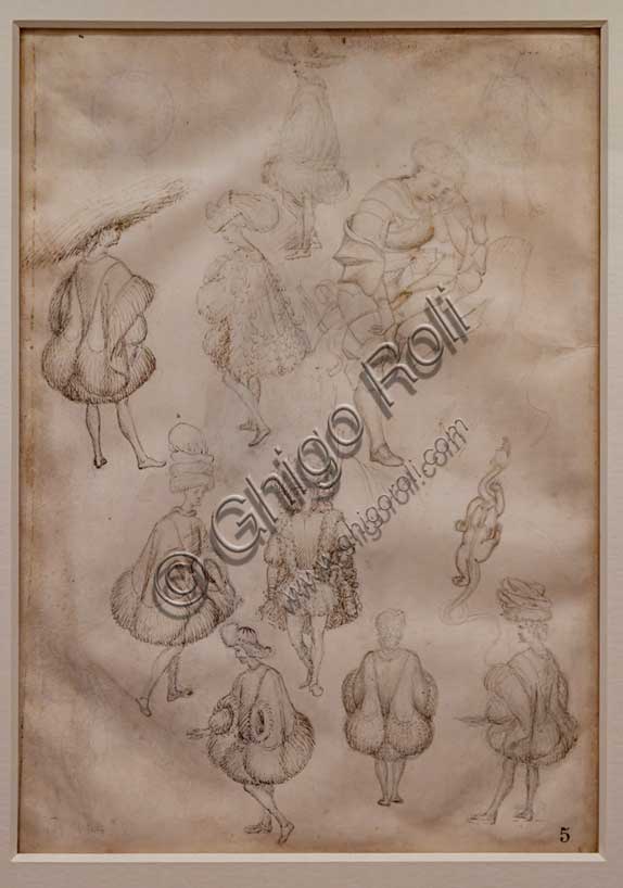 “Studies of figures in contemporary clothes, a knight sitting on a rock, a dragon”, by workshop of Antonio di Puccio, known as Pisanello, metal point and brown ink pen on parchment, 1433. The figures in lavish clothes are believed to be Hungarians from the Court of Emperor or members of the Court of Este. The same type of Hat worn by the figure in the upper left can be seen on the head of a knight in the sinopia of the Mantua Tournament.