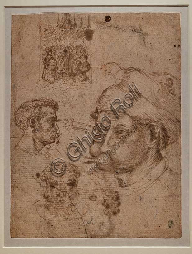 “Studies for four male heads, an altarpiece, a horse”, by Antonio di Puccio, known as Pisanello, pen and brown ink, traces of red pencil on paper, before 1433.