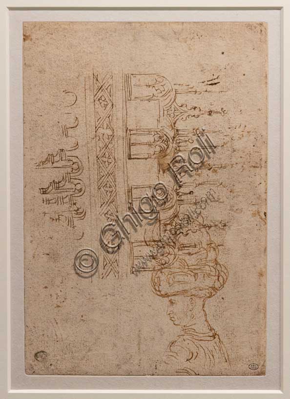 “Various studies: loggia, portrait of Niccolò III d'Este”, by Antonio di Puccio, known as Pisanello, metal point and pen on paper, 1432-5.