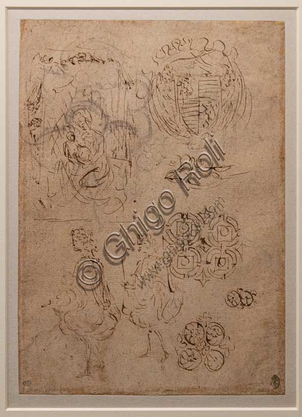 “Various studies: Madonna of the Humility, Ganzaga emblem, two men and decorative motifs ”, by Antonio di Puccio, known as Pisanello, brown ink, black pencil and pen on paper, before 1433.