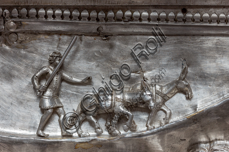 “Christ receives the messengers of San Giovanni”, by fourteenth-century Florentine goldsmiths.Tile of “The Silver Altar of St. John's Treasure” (1367 - 1483), Museum of the Opera del Duomo (Museum of Florence Cathedral of Santa Maria del Fiore), Florence.Detail with a man and two donkeys.