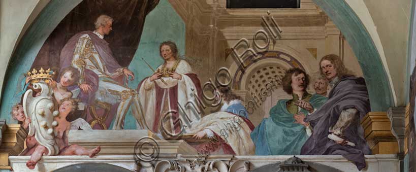 Villa medicea La Petraia, cortile: “Alessandro, primo duca di Firenze”, affresco del ciclo dei Fasti Medicei del Volterrano (Baldassarre Franceschini), 1636-1647.Su una specie di loggiato sopraelevato, il duca Alessandro de' Medici sta seduto in trono mentre riceve il suo titolo con gli attributi ducali dai rappresentanti della Repubblica fiorentina nel 1531.Particolare.