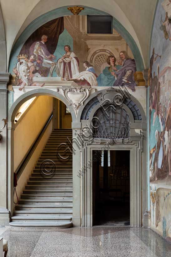 Medici Villa La Petraia, courtyard: “Alessandro, first duke of Florence”, fresco from the cycle of the Fasti Medicei by Volterrano (Baldassarre Franceschini), 1636-1647.On a kind of raised loggia, Duke Alessandro de' Medici sits on a throne while receiving his title with ducal attributes from representatives of the Florentine Republic in 1531.