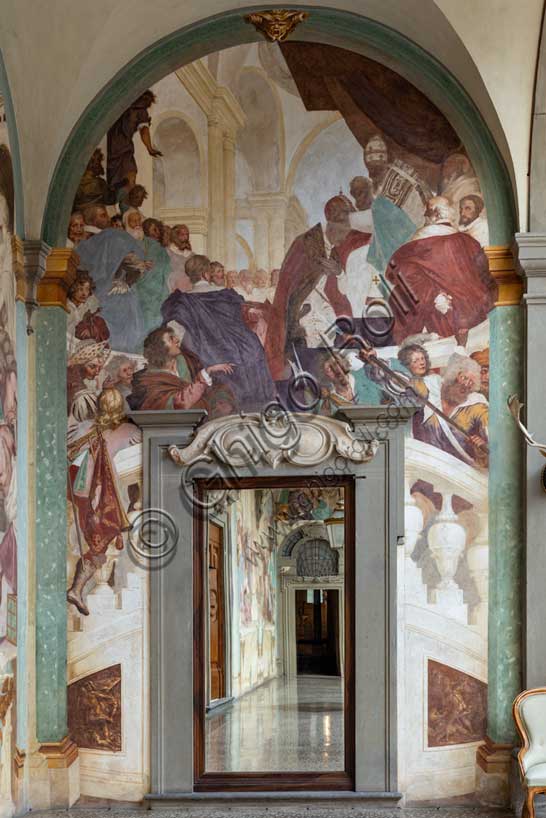 Medici Villa La Petraia, courtyard: “Clement VII crowns Charles V in Bologna”, fresco from the cycle of the Fasti Medicei by Volterrano (Baldassarre Franceschini), 1636-1647.The scene shows the coronation of Charles V by Pope Clement VII which took place in Bologna in 1530.Among the bystanders we recognize cardinals Ippolito de' Medici and Niccolò Ridolfi.