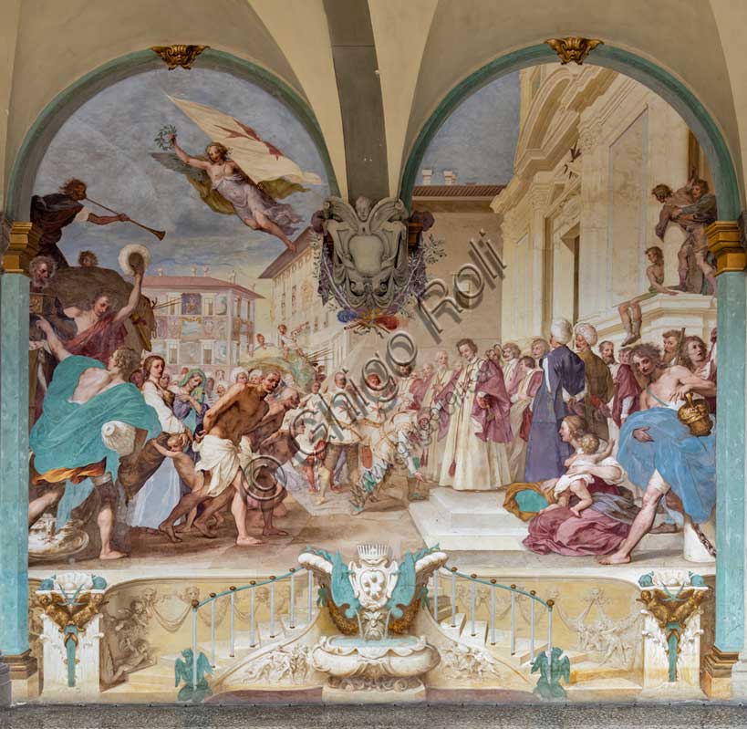 Medici Villa La Petraia, courtyard: “Cosimo II receives the winners of the Bona's feat”, fresco from the cycle of the Fasti Medicei by Volterrano (Baldassarre Franceschini), 1636-1647.Against the background of Piazza dei Cavalieri in Pisa, Cosimo II, still heir to the throne, receives in the churchyard of the church of Santo Stefano dei Cavalieri the Tuscan nobles engaged in a victorious expedition in the battle of Bona, in Algeria, fought between the Genoese and the Turks on 16 September 1608. Among those present are Silvio Piccolomini, Admiral Jacopo Inghirami, the Marquis Fabrizio di Colloredo and other knights, who climbed into the depths. In the foreground we see the prisoners, who are advanced in front of the spoils of war. The chained and bare-chested slaves have their counterpart in the clothed and turbaned prisoners near the prince.