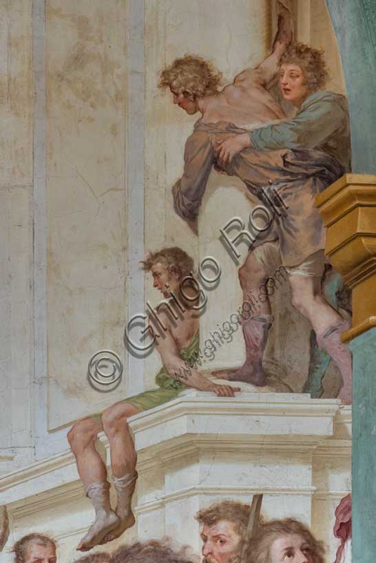 Villa medicea La Petraia, cortile:  “Cosimo II riceve i vincitori dell'impresa di Bona”, affresco del ciclo dei Fasti Medicei del Volterrano (Baldassarre Franceschini), 1636-1647.Sullo sfondo di piazza dei Cavalieri a Pisa, Cosimo II, ancora erede al trono riceve sul sagrato della chiesa di Santo Stefano dei Cavalieri i nobili toscani impegnati in una vittoriosa spedizione nella battaglia di Bona, in Algeria, combattuta tra Genovesi e Turchi il 16 settembre del 1608. Tra i presenti ci sono Silvio Piccolomini, l'ammiraglio Jacopo Inghirami, il marchese Fabrizio di Colloredo e altri cavalieri, scalati in profondità. In primo piano si vedono i prigionieri, che vengono fatti avanzare davanti al bottino di guerra. Gli schiavi incatenati e a torso nudo hanno la loro controparte nei prigionieri vestiti e col turbante vicino al principe. Particolare.