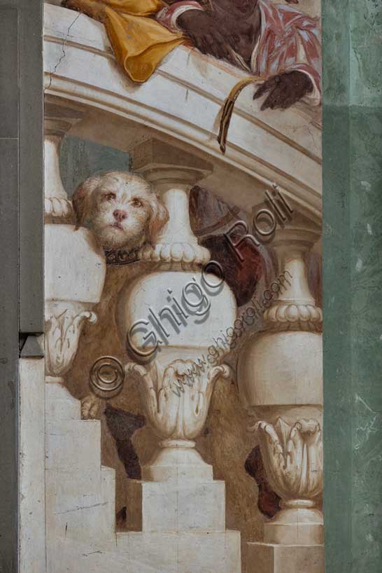 Medici Villa La Petraia, courtyard: “Giuliano Duke of Nemours and Lorenzo Duke of Urbino on the Capitoline Hill”, fresco from the cycle of the Fasti Medicei by Volterrano (Baldassarre Franceschini), 1636-1647.Detail with a small dog.